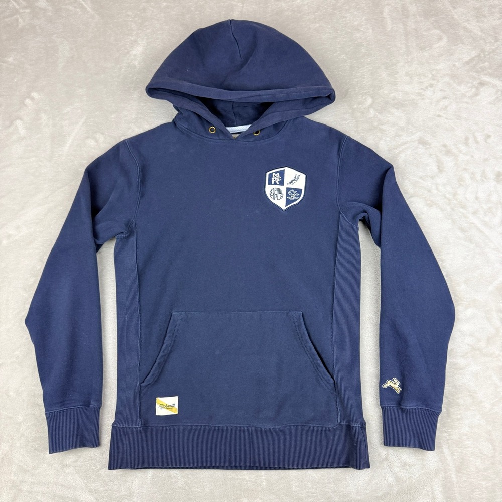 Tracksmith Trackhouse Hoodie Mens Small Navy Blue Crest Logo Athletic Running